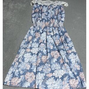 Vintage 70s Montgomery Ward Dress Womens 14 Blue Floral Lace Collared Sleeveless